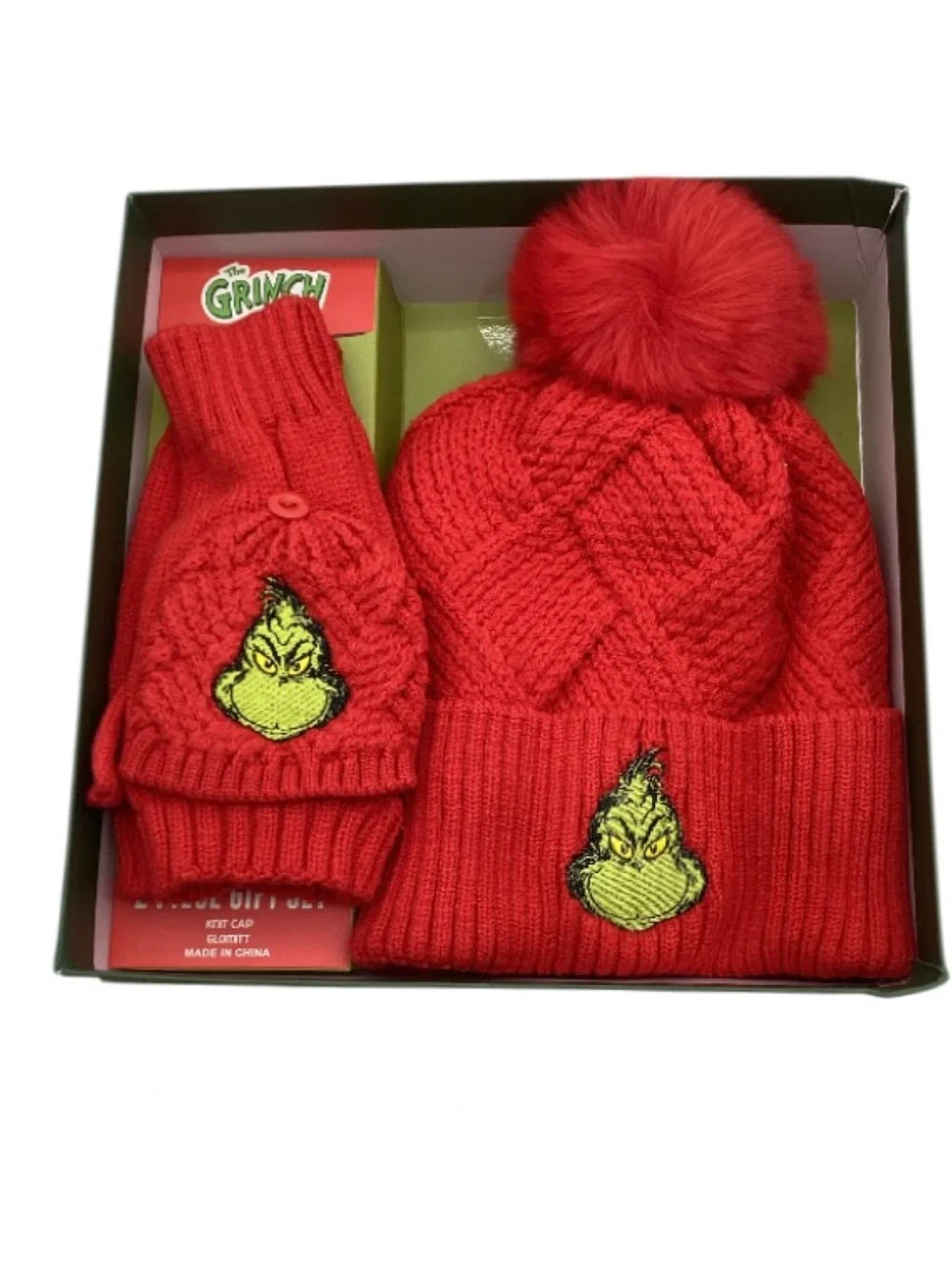The Grinch Beanie with Faux Fur Pom and Embroidered Gloves Boxed Set (NWT)